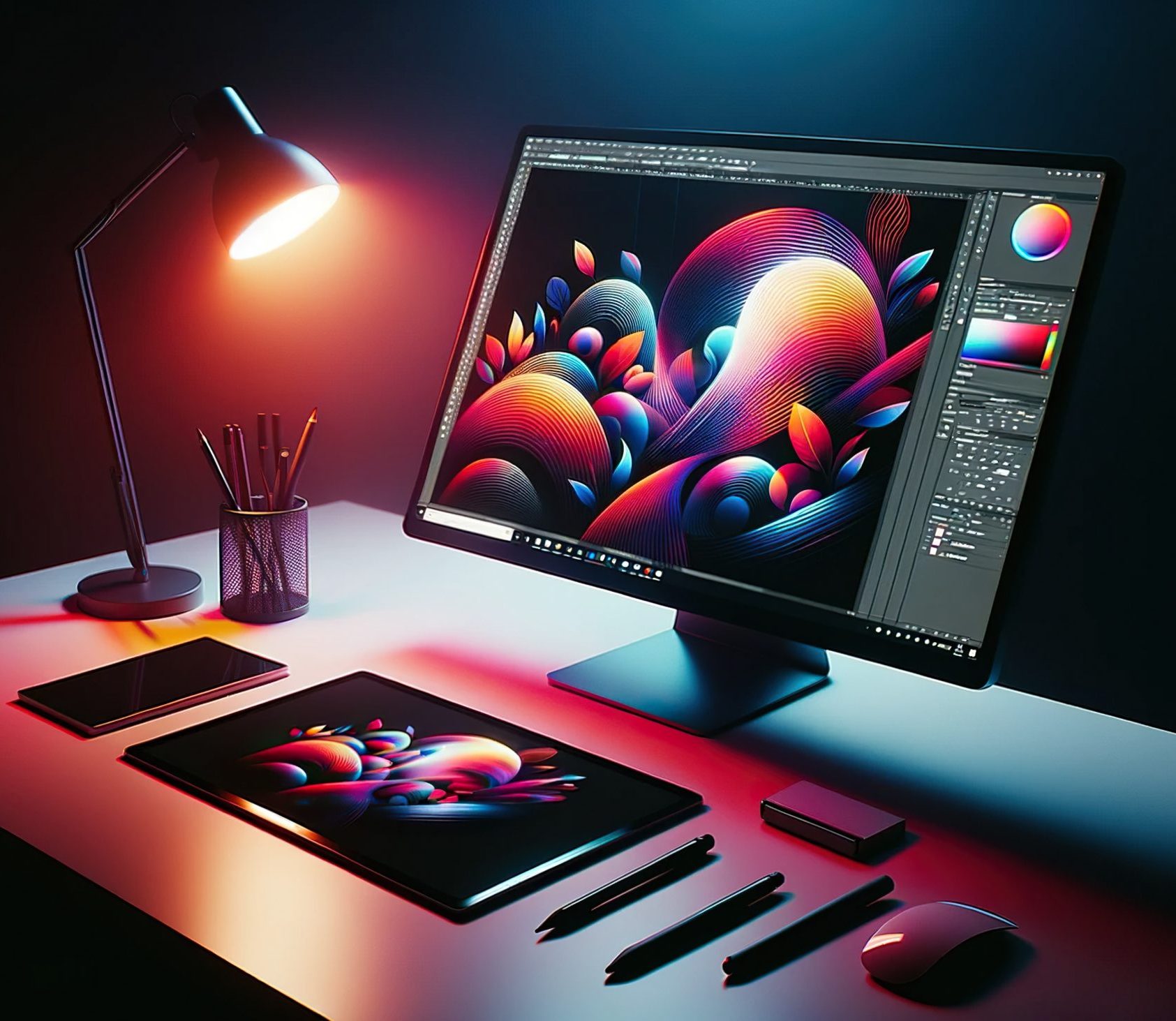 Graphic Designer Workspace with Digital Art Project